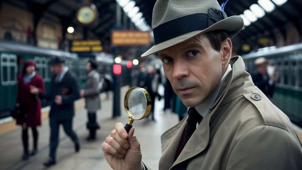 חוקר פרטי ברכבת מחזיק זכוכית מגדלת