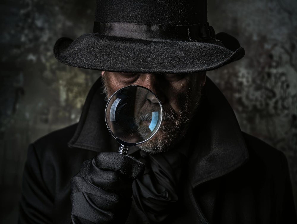חוקר פרטי עם כובע על הראש מחזיק זכוכית מגדלת