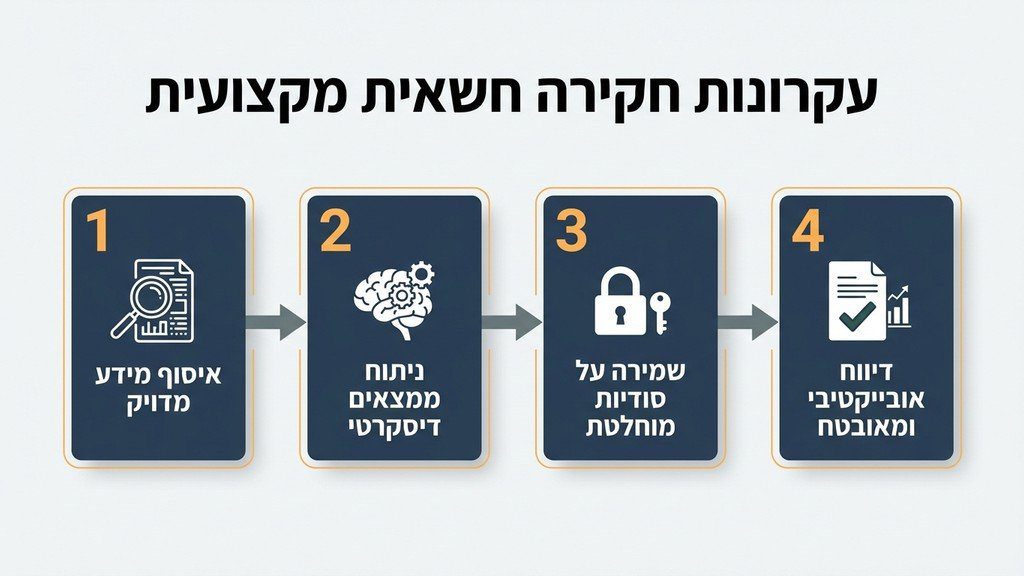 חוקר פרטי מקצועי מבצע בדיקת נתונים דיסקרטית במשרד מול מסכי מחשב