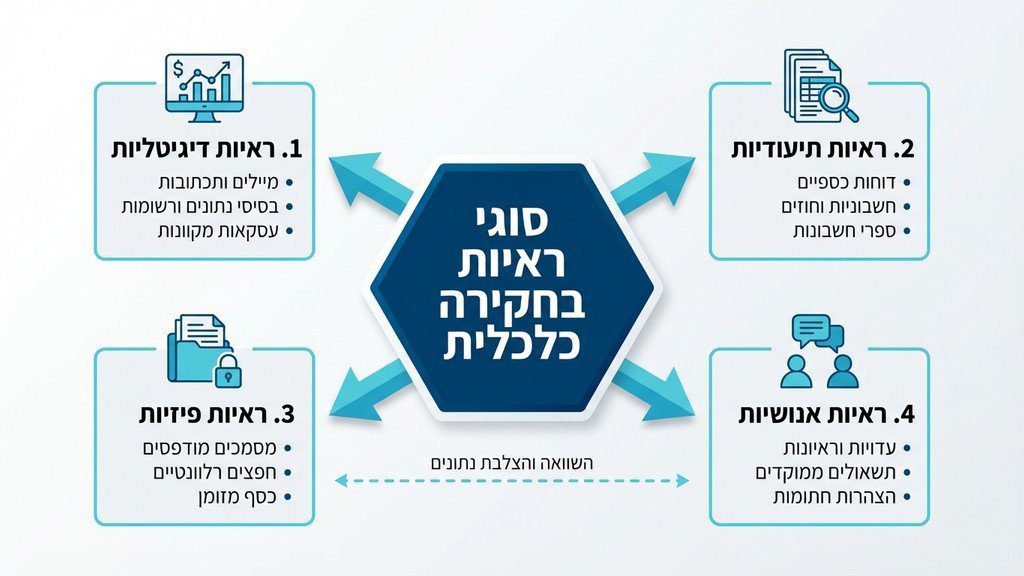 מסמכים משפטיים, טבלאות נתונים וראיות דיגיטליות מונחים על שולחן חקירות