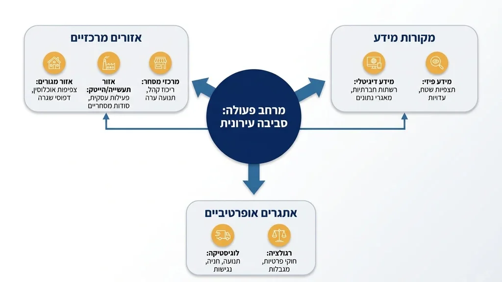 סביבה עירונית בפתח תקווה המשלבת אזורי תעשייה ומגורים, המייצגת את שטח הפעילות של חוקר פרטי. חוקר פרטי בפתח תקווה בפעילות שטח